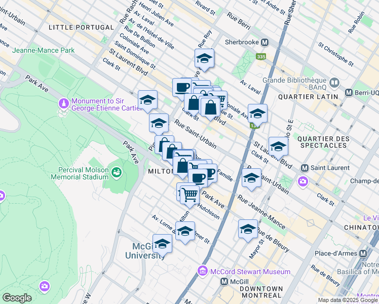 map of restaurants, bars, coffee shops, grocery stores, and more near 3601 Sainte Famille Street in Montreal