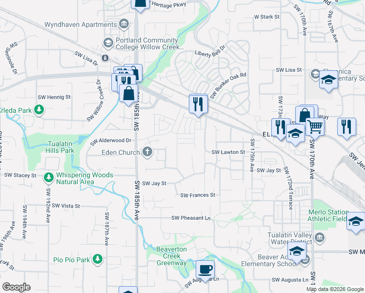 map of restaurants, bars, coffee shops, grocery stores, and more near 18110 Southwest Hoover Lane in Beaverton