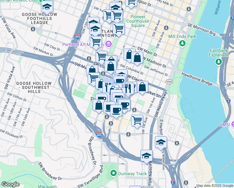 map of restaurants, bars, coffee shops, grocery stores, and more near 510 Southwest Mill Street in Portland