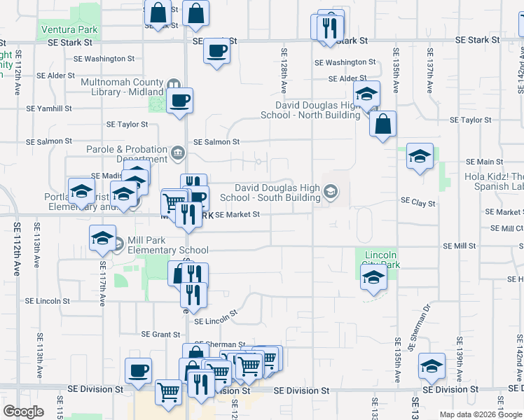 map of restaurants, bars, coffee shops, grocery stores, and more near 12631 Southeast Market Street in Portland