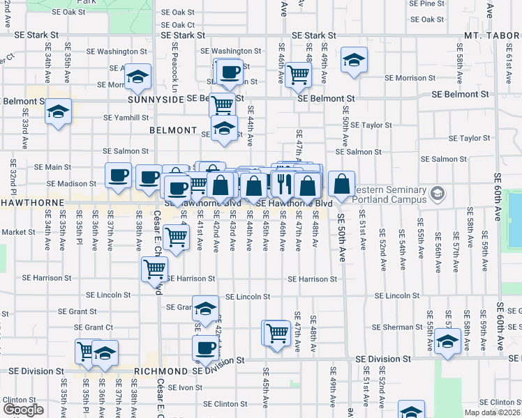 map of restaurants, bars, coffee shops, grocery stores, and more near 4426 Southeast Hawthorne Boulevard in Portland