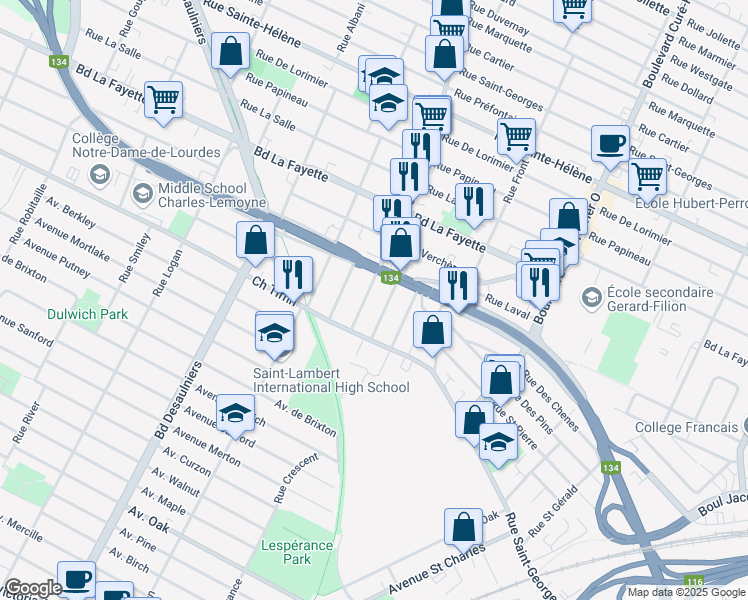 map of restaurants, bars, coffee shops, grocery stores, and more near in Longueuil
