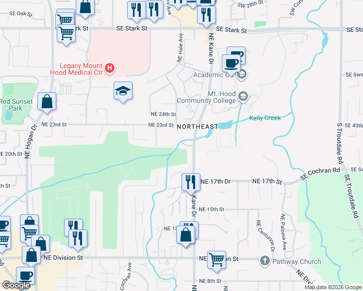 map of restaurants, bars, coffee shops, grocery stores, and more near 2105 Northeast Kane Drive in Gresham