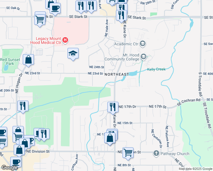 map of restaurants, bars, coffee shops, grocery stores, and more near 2105 Northeast Kane Drive in Gresham