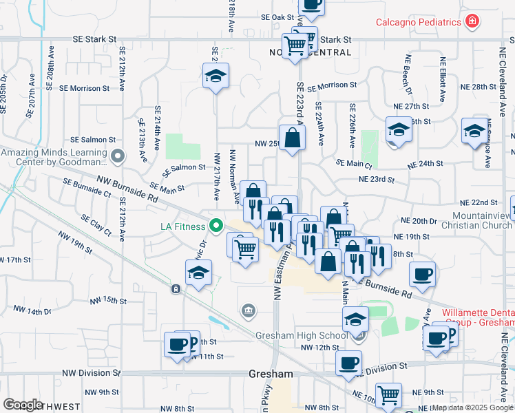 map of restaurants, bars, coffee shops, grocery stores, and more near 1545 Southeast 223rd Avenue in Gresham