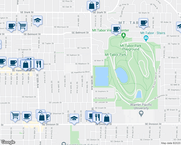 map of restaurants, bars, coffee shops, grocery stores, and more near 1522 Southeast 59th Avenue in Portland