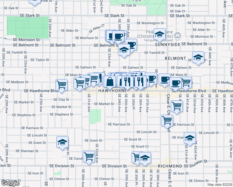 map of restaurants, bars, coffee shops, grocery stores, and more near 1534 Southeast 34th Avenue in Portland