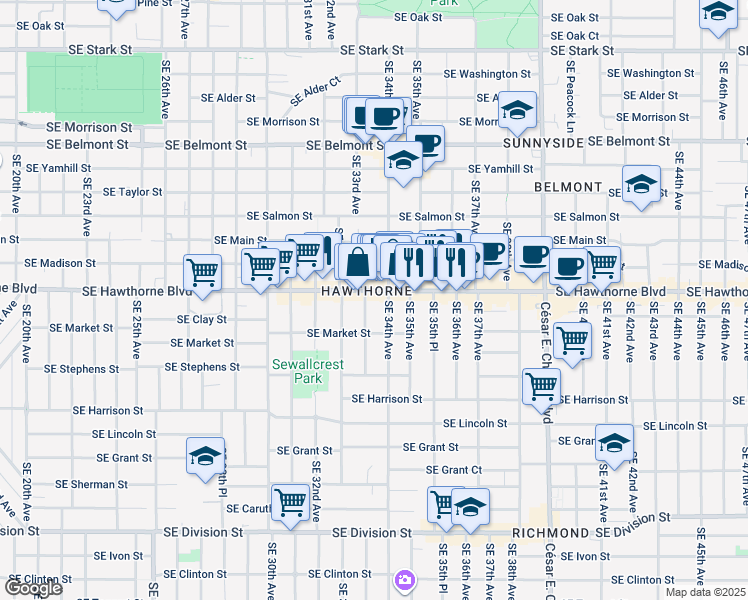 map of restaurants, bars, coffee shops, grocery stores, and more near 1534 Southeast 34th Avenue in Portland