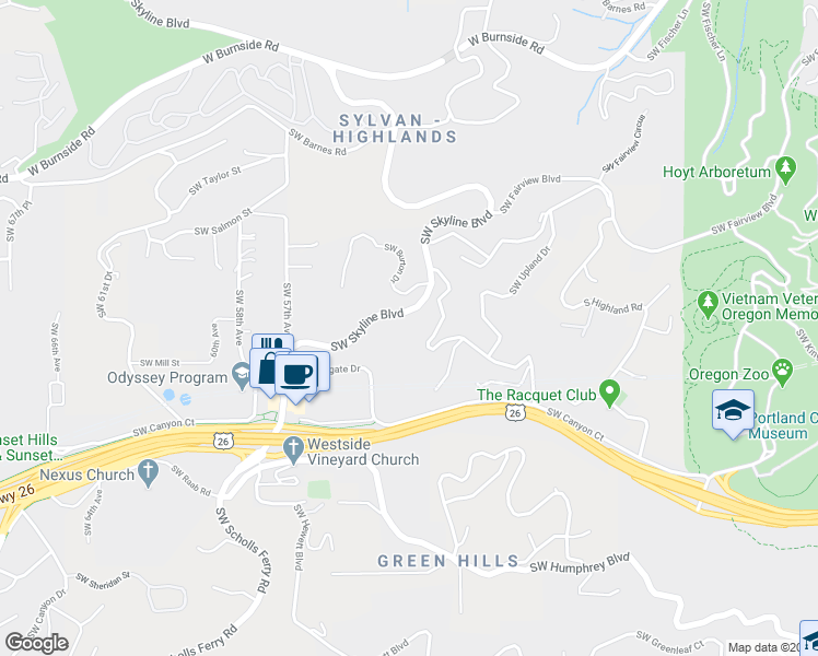 map of restaurants, bars, coffee shops, grocery stores, and more near 1565 Southwest Highland Parkway in Portland