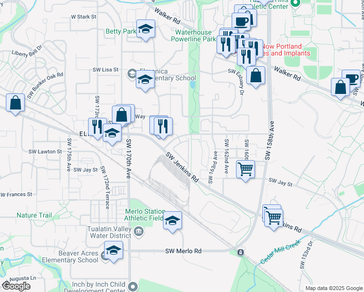 map of restaurants, bars, coffee shops, grocery stores, and more near 1138 Southwest Kiley Way in Beaverton
