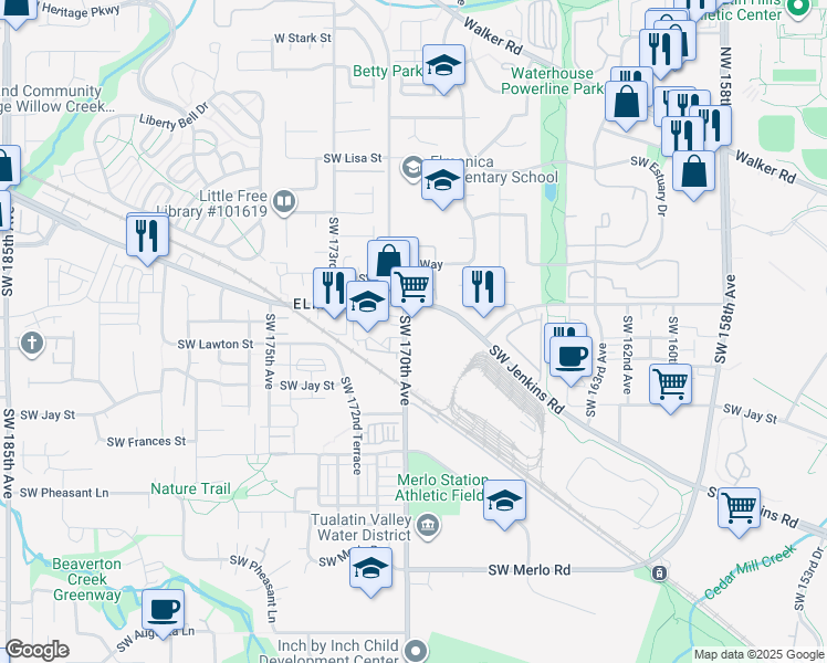 map of restaurants, bars, coffee shops, grocery stores, and more near 1010 Southwest 170th Avenue in Beaverton