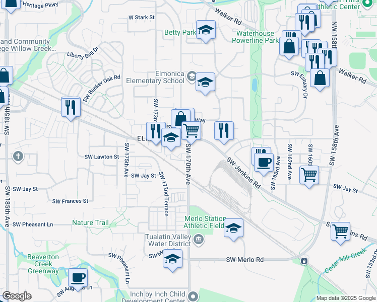 map of restaurants, bars, coffee shops, grocery stores, and more near 1010 Southwest 170th Avenue in Beaverton