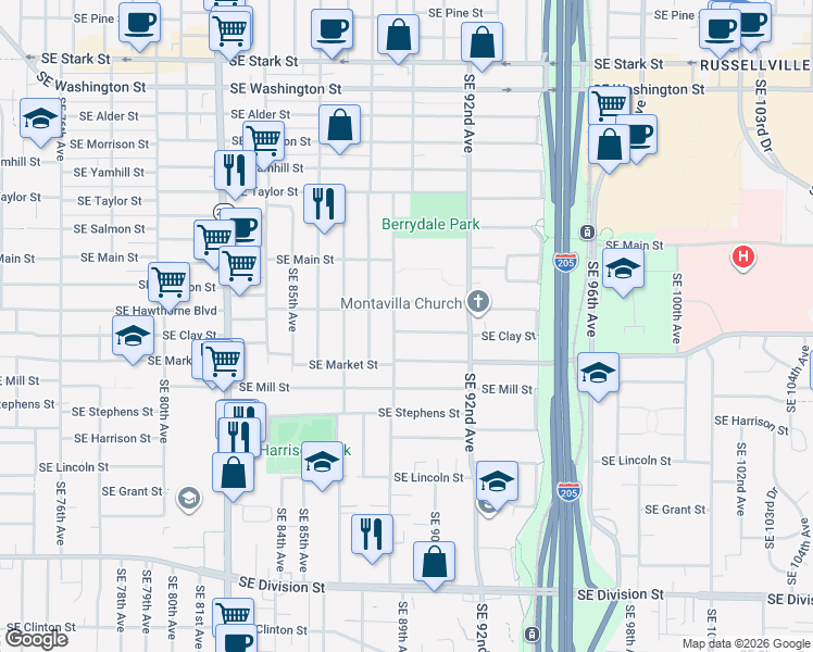 map of restaurants, bars, coffee shops, grocery stores, and more near 8913 Southeast Clay Street in Portland