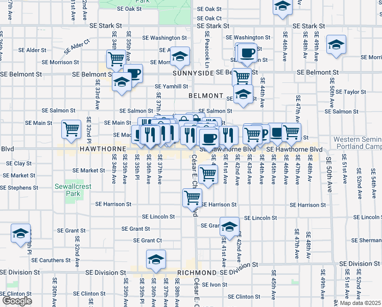 map of restaurants, bars, coffee shops, grocery stores, and more near 1534 Southeast 38th Avenue in Portland