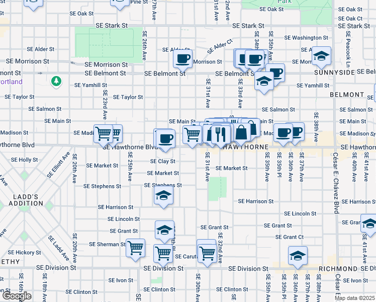 map of restaurants, bars, coffee shops, grocery stores, and more near 2929-2935 Southeast Clay Street in Portland