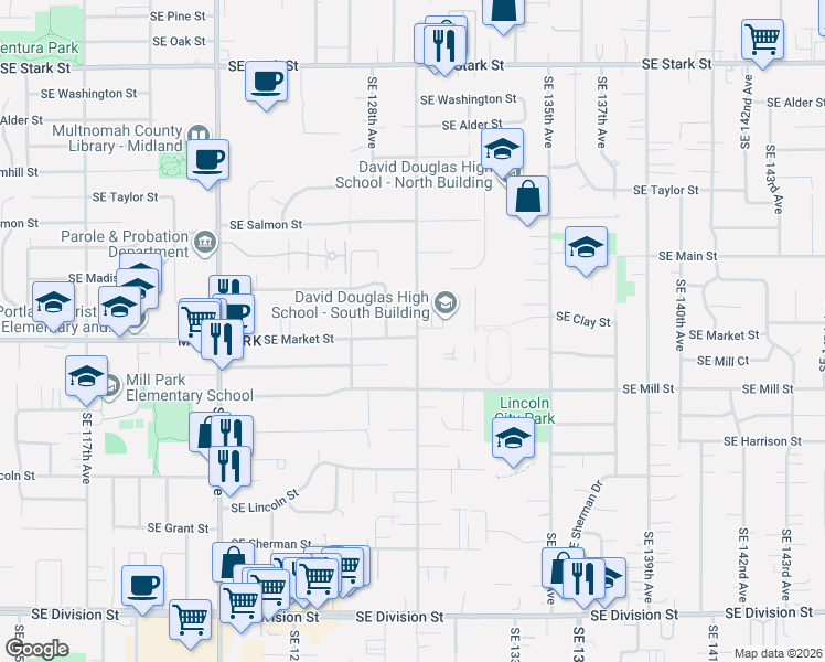 map of restaurants, bars, coffee shops, grocery stores, and more near 1601 Southeast 130th Avenue in Portland