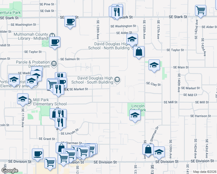 map of restaurants, bars, coffee shops, grocery stores, and more near 1601 Southeast 130th Avenue in Portland