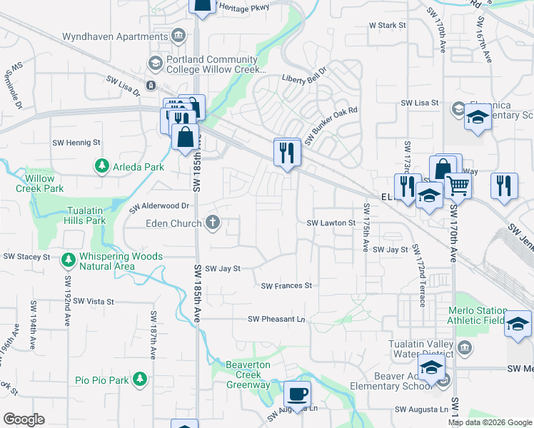 map of restaurants, bars, coffee shops, grocery stores, and more near 18090 Southwest Hoover Lane in Beaverton