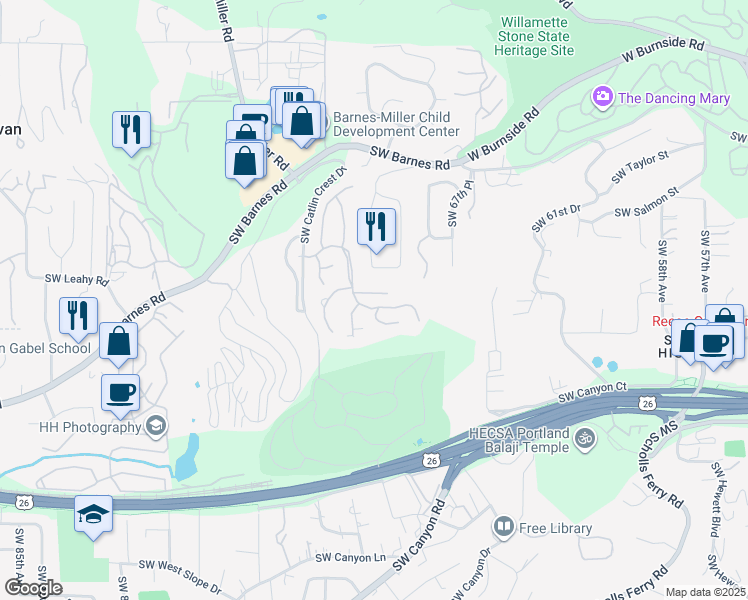map of restaurants, bars, coffee shops, grocery stores, and more near 7054 Benham Court in Portland