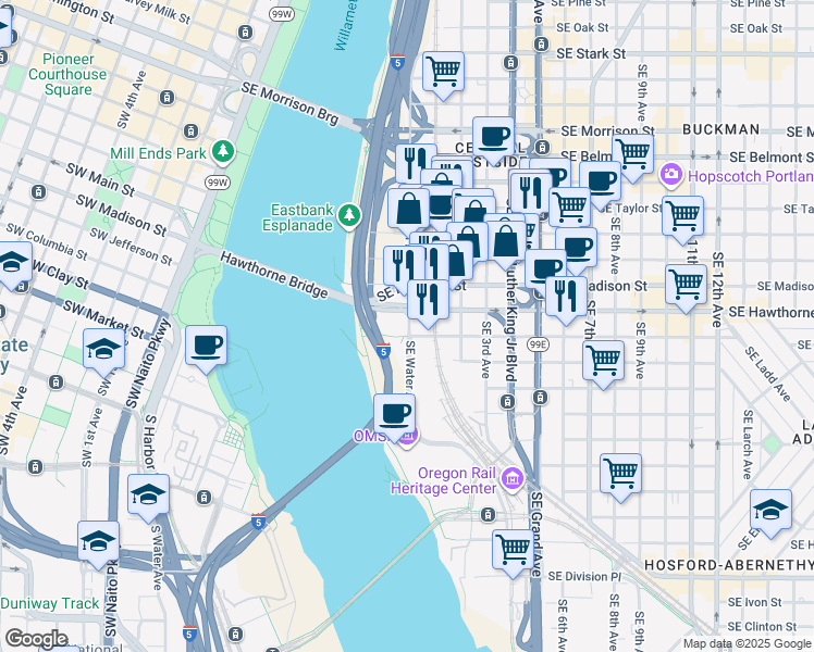 map of restaurants, bars, coffee shops, grocery stores, and more near 1515 Southeast Water Avenue in Portland
