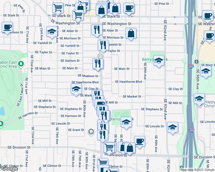 map of restaurants, bars, coffee shops, grocery stores, and more near 8308 Southeast Hawthorne Boulevard in Portland