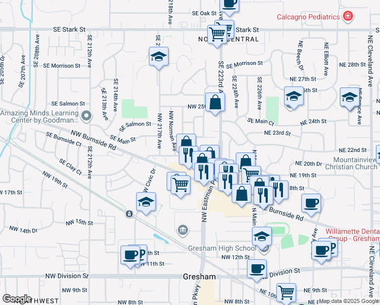 map of restaurants, bars, coffee shops, grocery stores, and more near 1545 Southeast 223rd Avenue in Gresham