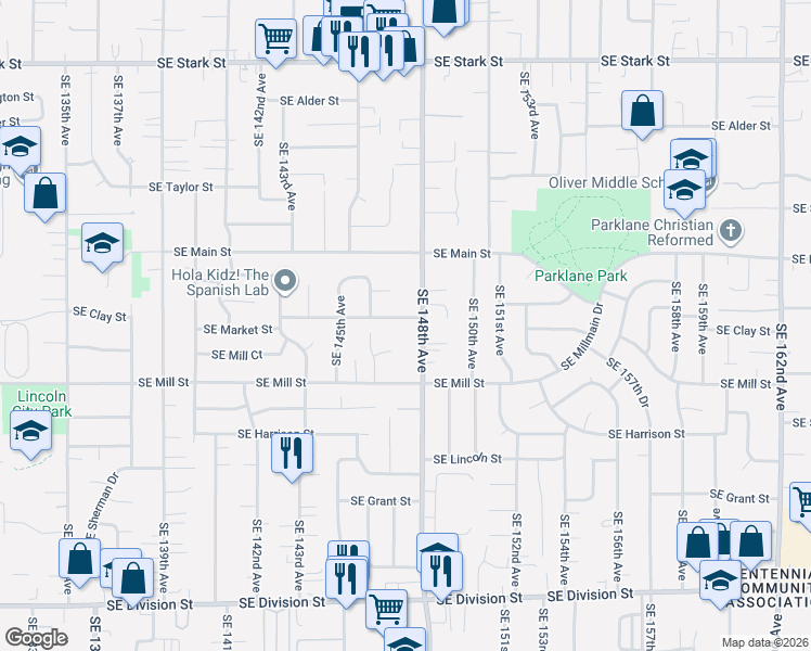map of restaurants, bars, coffee shops, grocery stores, and more near 1633 Southeast 148th Avenue in Portland