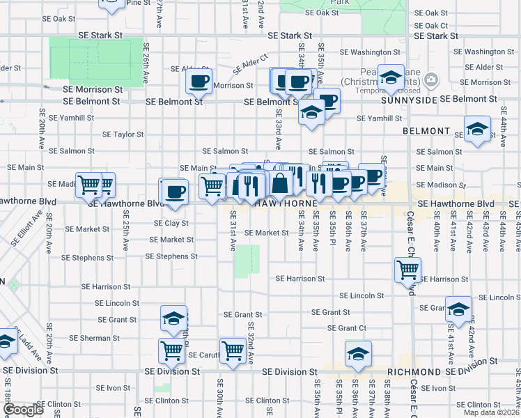 map of restaurants, bars, coffee shops, grocery stores, and more near 1538 Southeast 32nd Avenue in Portland