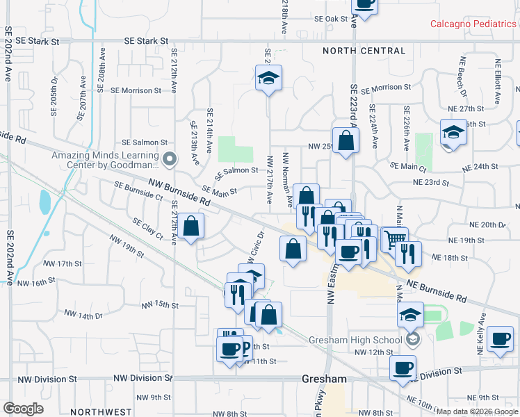 map of restaurants, bars, coffee shops, grocery stores, and more near 655 Northwest Burnside Road in Gresham