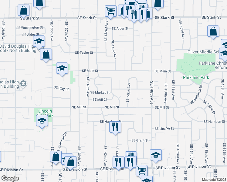 map of restaurants, bars, coffee shops, grocery stores, and more near 1630 Southeast 143rd Avenue in Portland