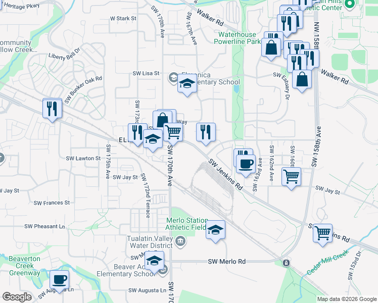 map of restaurants, bars, coffee shops, grocery stores, and more near 1130 Southwest 170th Avenue in Beaverton