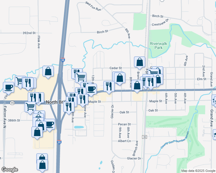 map of restaurants, bars, coffee shops, grocery stores, and more near 38860 10th Avenue in North Branch