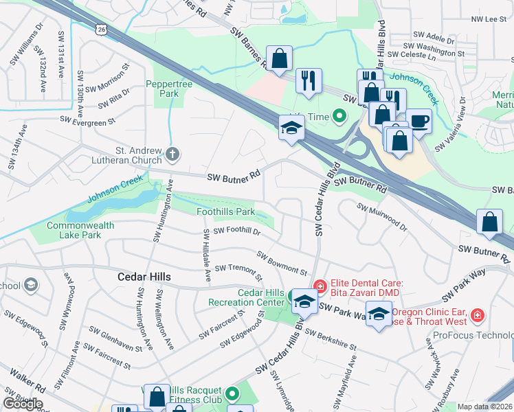 map of restaurants, bars, coffee shops, grocery stores, and more near 11820 Southwest Lanewood Street in Portland