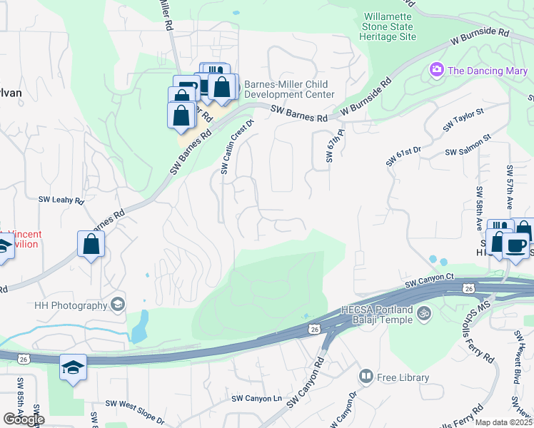 map of restaurants, bars, coffee shops, grocery stores, and more near 7090 Benham Court in Portland