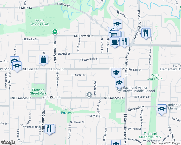 map of restaurants, bars, coffee shops, grocery stores, and more near 7143 Southeast Austin Drive in Hillsboro