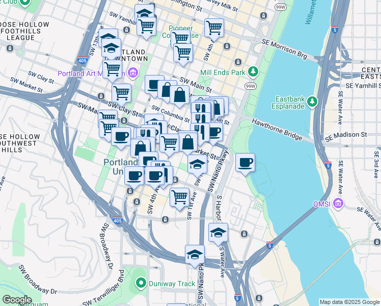 map of restaurants, bars, coffee shops, grocery stores, and more near 200 Southwest Market Street in Portland