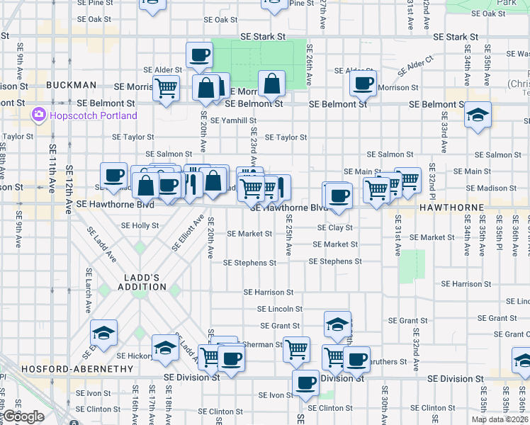 map of restaurants, bars, coffee shops, grocery stores, and more near 2310 Southeast Hawthorne Boulevard in Portland