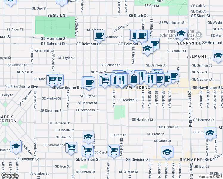 map of restaurants, bars, coffee shops, grocery stores, and more near 1515 Southeast 31st Avenue in Portland