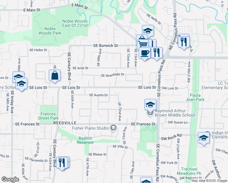 map of restaurants, bars, coffee shops, grocery stores, and more near 7143 Southeast Austin Drive in Hillsboro
