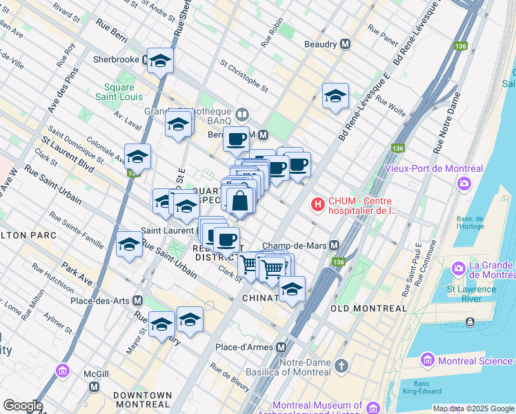 map of restaurants, bars, coffee shops, grocery stores, and more near 1256 Rue Sainte-Elisabeth in Montréal