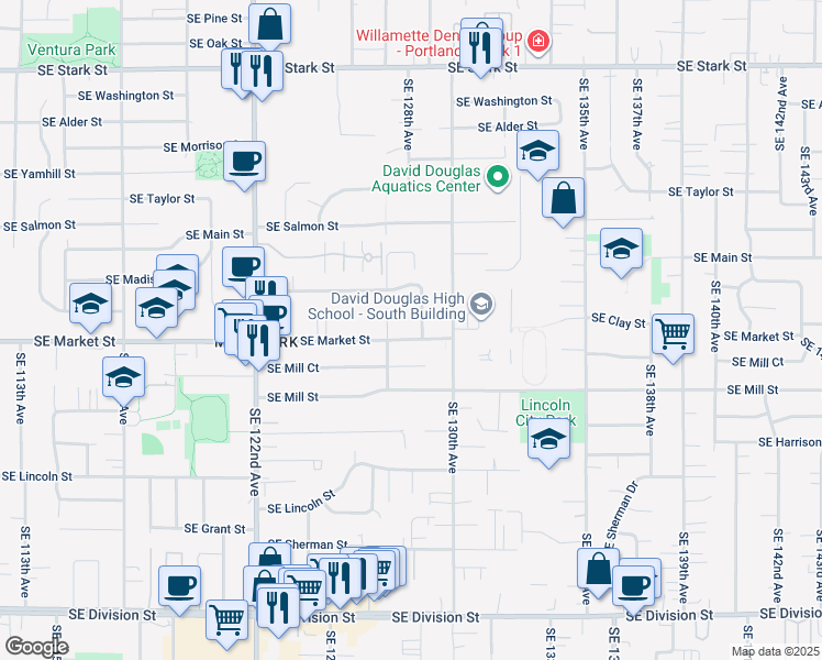 map of restaurants, bars, coffee shops, grocery stores, and more near 12720 Southeast Market Street in Portland