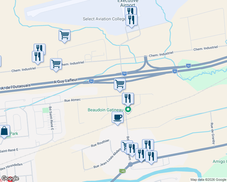 map of restaurants, bars, coffee shops, grocery stores, and more near 1695 Rue Atmec in Gatineau