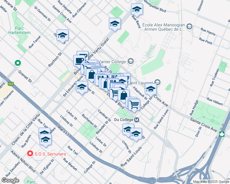 map of restaurants, bars, coffee shops, grocery stores, and more near 1460 De l'Église Street in Montreal