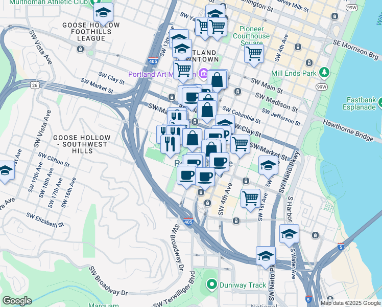 map of restaurants, bars, coffee shops, grocery stores, and more near 1825 Southwest Broadway in Portland