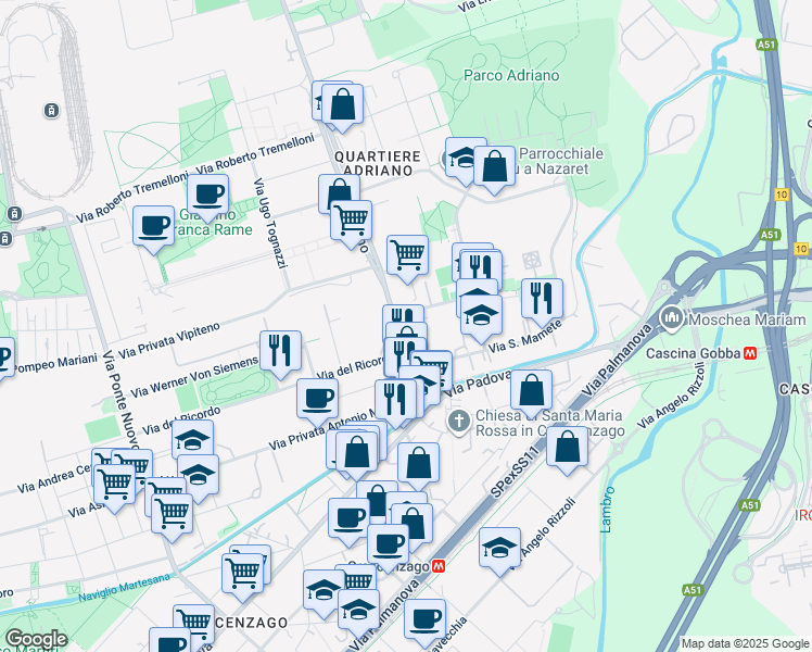 map of restaurants, bars, coffee shops, grocery stores, and more near 20 Via Adriano in Milano