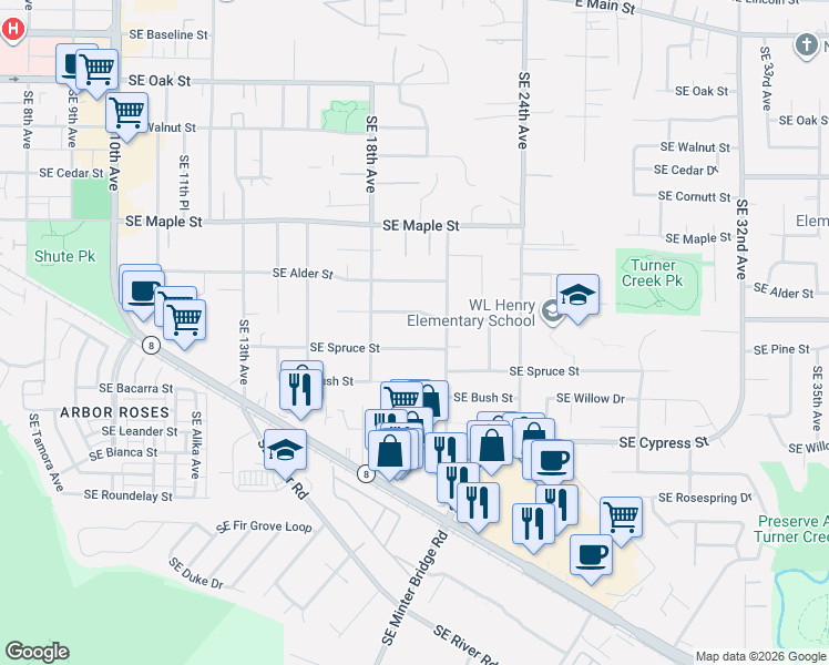 map of restaurants, bars, coffee shops, grocery stores, and more near 1965 Southeast Spruce Street in Hillsboro