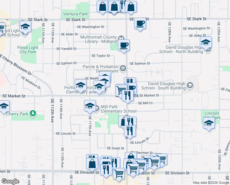 map of restaurants, bars, coffee shops, grocery stores, and more near 12011 Southeast Market Street in Portland