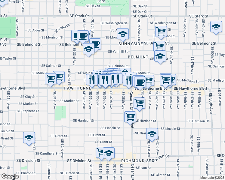 map of restaurants, bars, coffee shops, grocery stores, and more near 3702 Southeast Hawthorne Boulevard in Portland