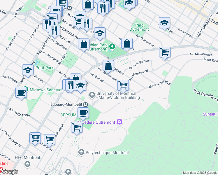 map of restaurants, bars, coffee shops, grocery stores, and more near 85 Avenue Beloeil in Montréal