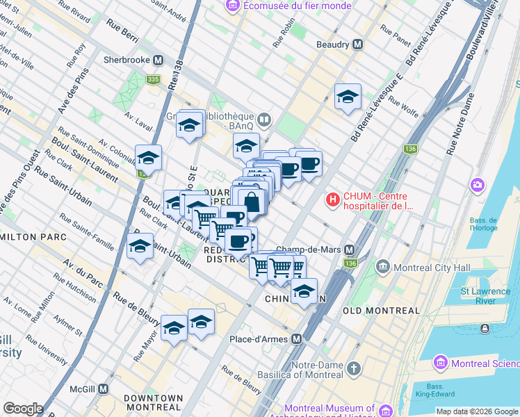 map of restaurants, bars, coffee shops, grocery stores, and more near 212 Rue Sainte-Catherine Est in Montréal